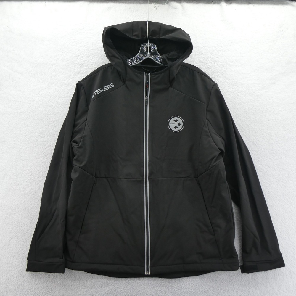 NFL Jacket Mens Large Pittsburgh Steelers Black Full Zip Hooded Fleece Lined Y2K